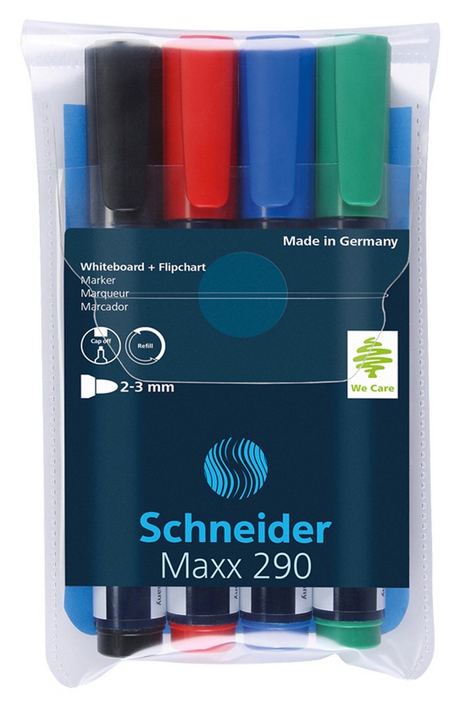 Набор маркеров для белых досок и флипчартов Schneider "Maxx 290" 04цв., пулевидный, 3мм, прозр. чехол 129094